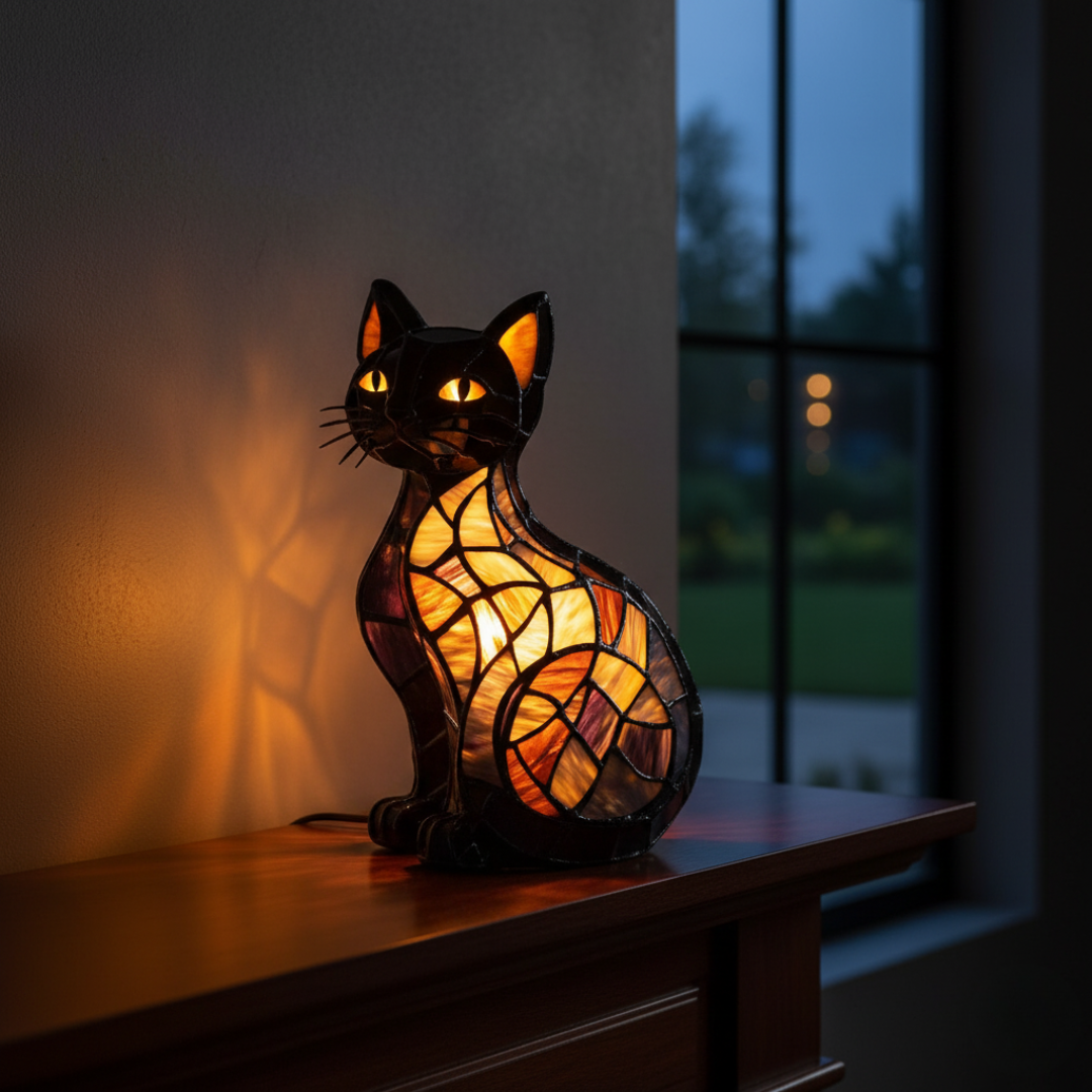 Radiant Cat at Midnight – seated dark cat with warm-coloured panels