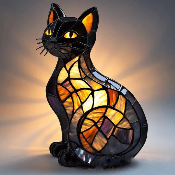 Radiant Cat at Midnight – seated dark cat with warm-coloured panels
