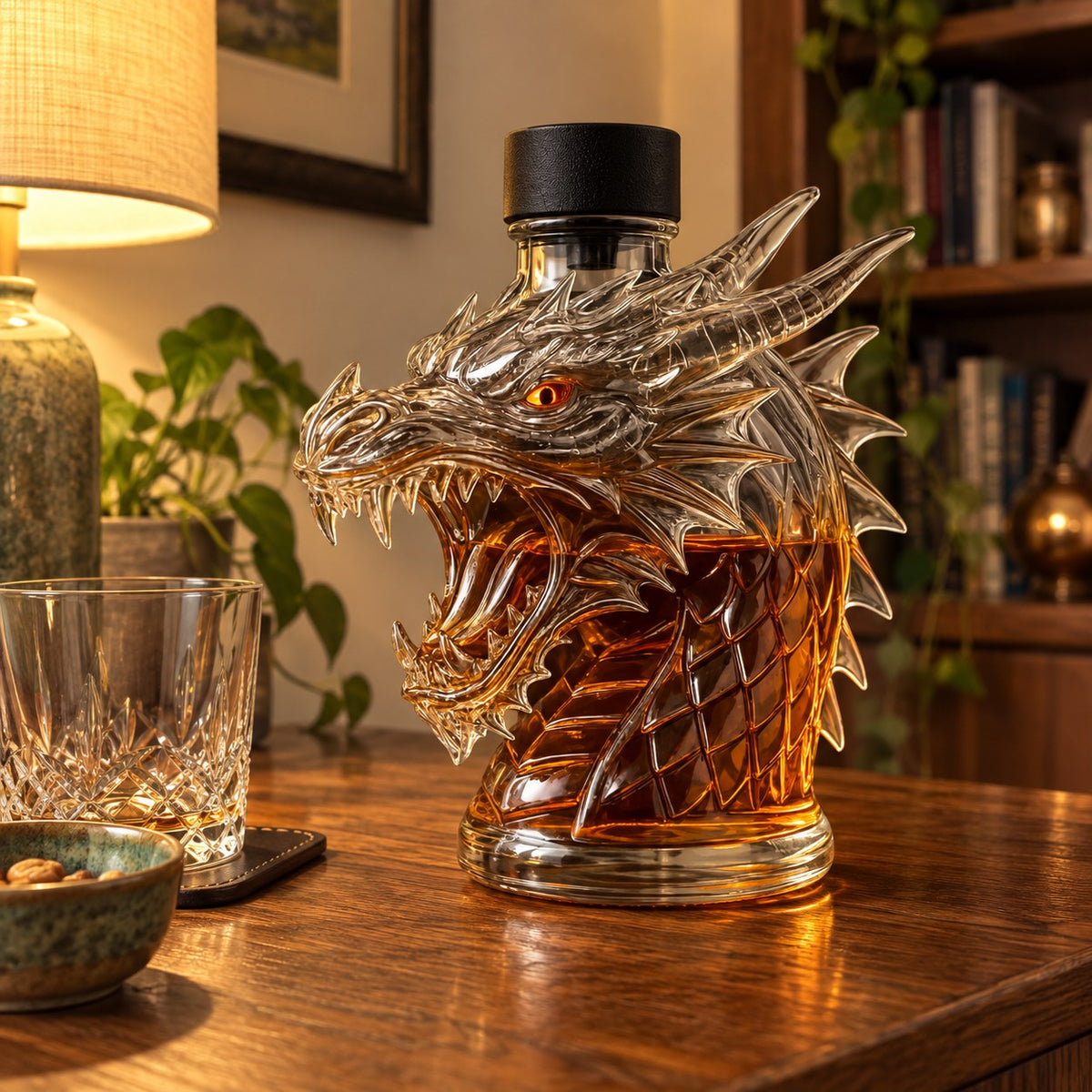 AI-generated lifestyle image of the Dragon Head Whisky Bottle on a home bar sideboard