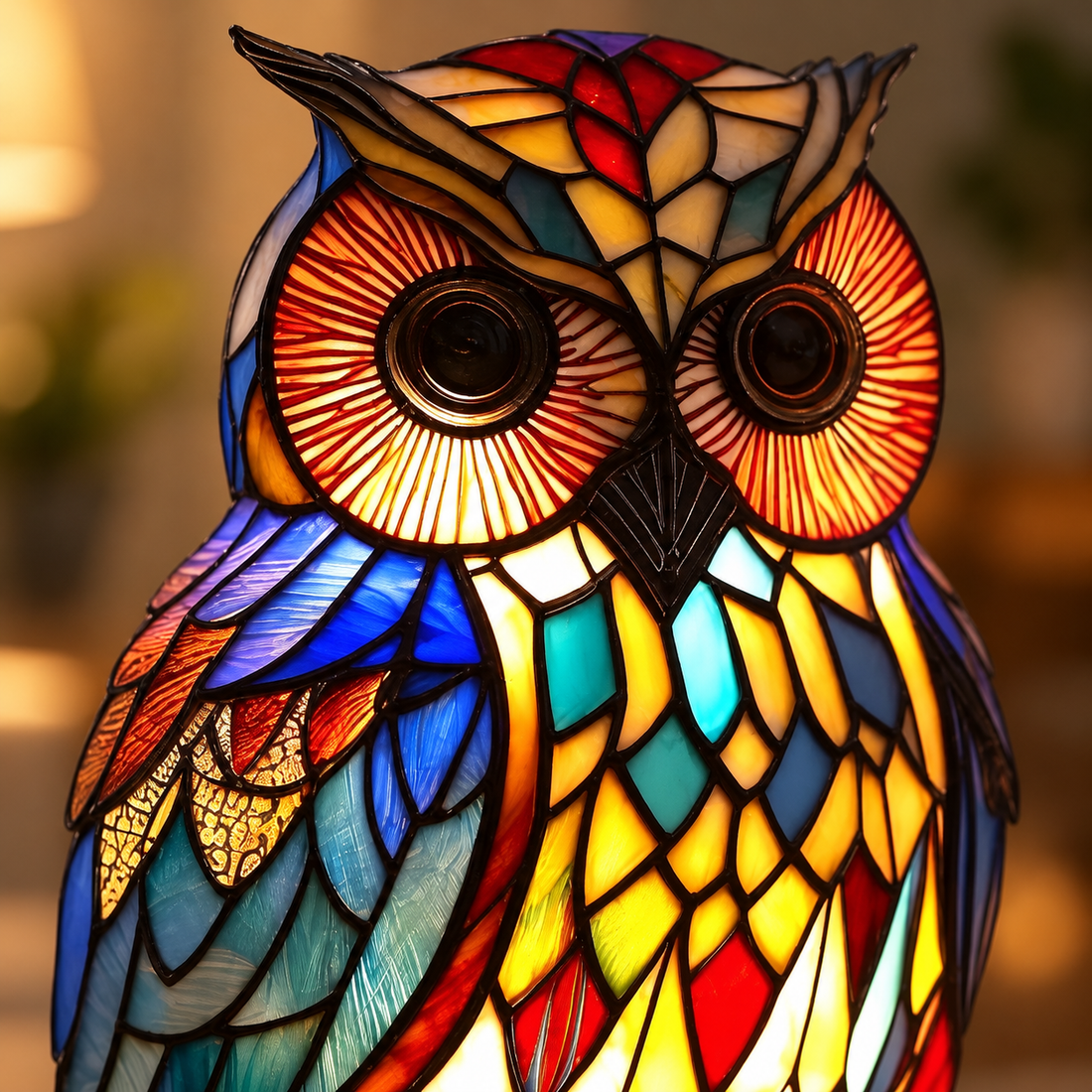 Close-up of the Elegant Owl lamp's round eyes and colourful mosaic-style pattern