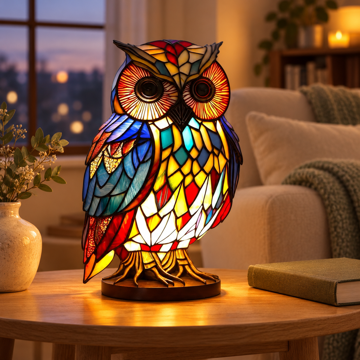 Elegant Owl mosaic-style lamp on a side table in a cosy living-room reading corner