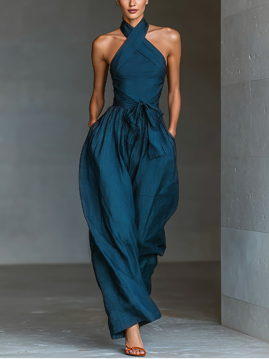 Venusta | Navy Cross-Halter Wide-Leg Jumpsuit