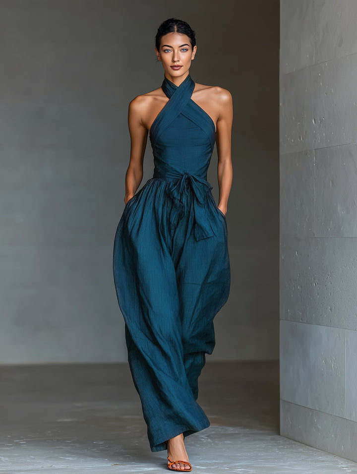 Venusta | Navy Cross-Halter Wide-Leg Jumpsuit