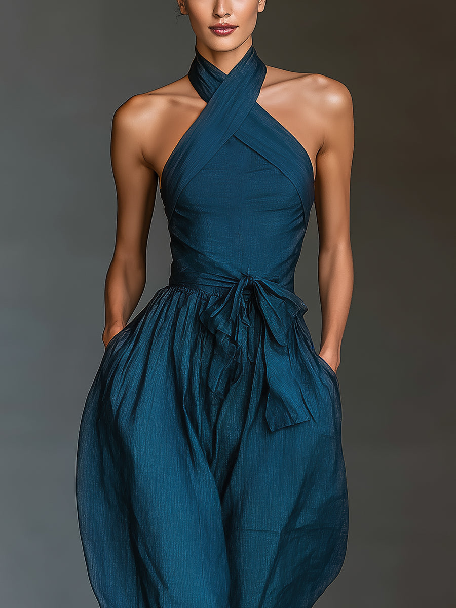 Venusta | Navy Cross-Halter Wide-Leg Jumpsuit