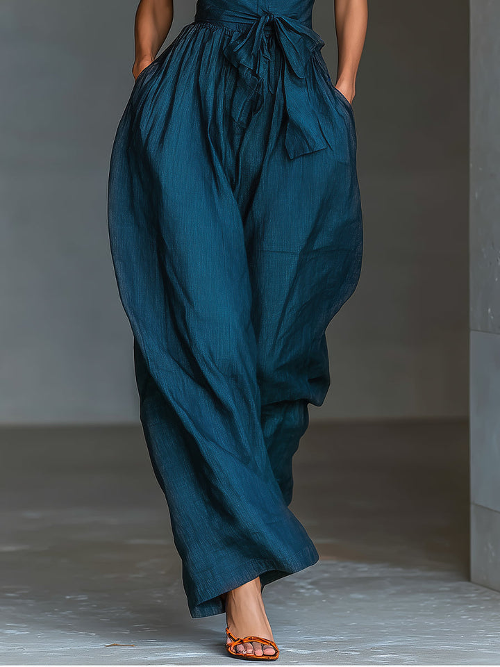 Venusta | Navy Cross-Halter Wide-Leg Jumpsuit