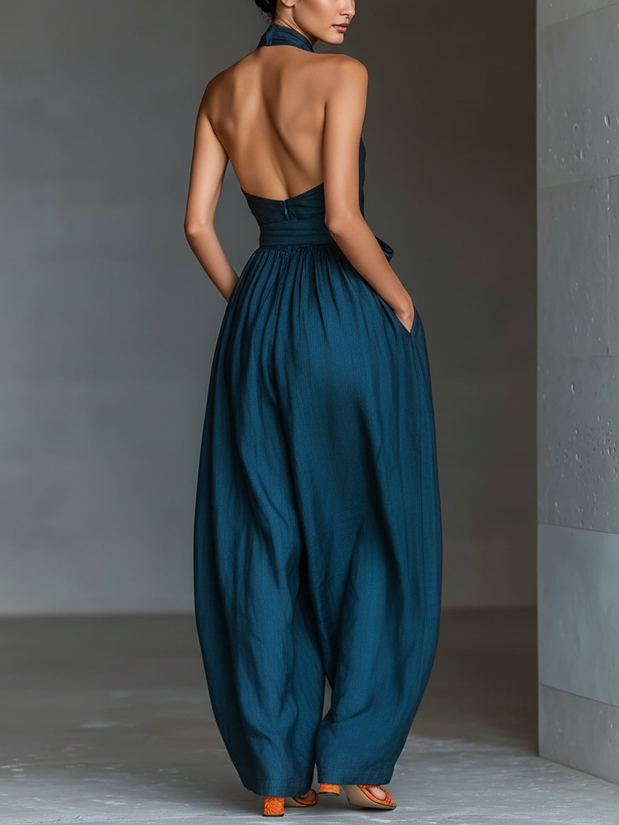 Venusta | Navy Cross-Halter Wide-Leg Jumpsuit