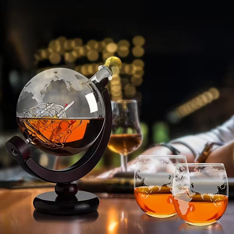 World Map Whisky Bottle and Glass Set – globe-themed bottle and glasses set
