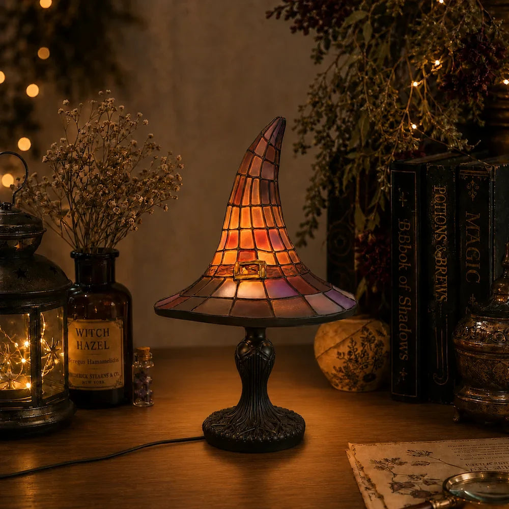 Witchwood – witch-hat table lamp with colourful panels and a tree-inspired base
