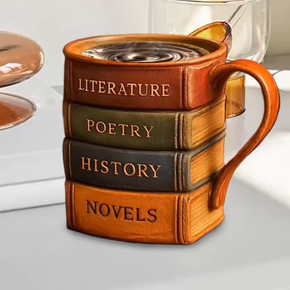 3D Handmade Coffee Mug – Library Theme, Reader's Haven
