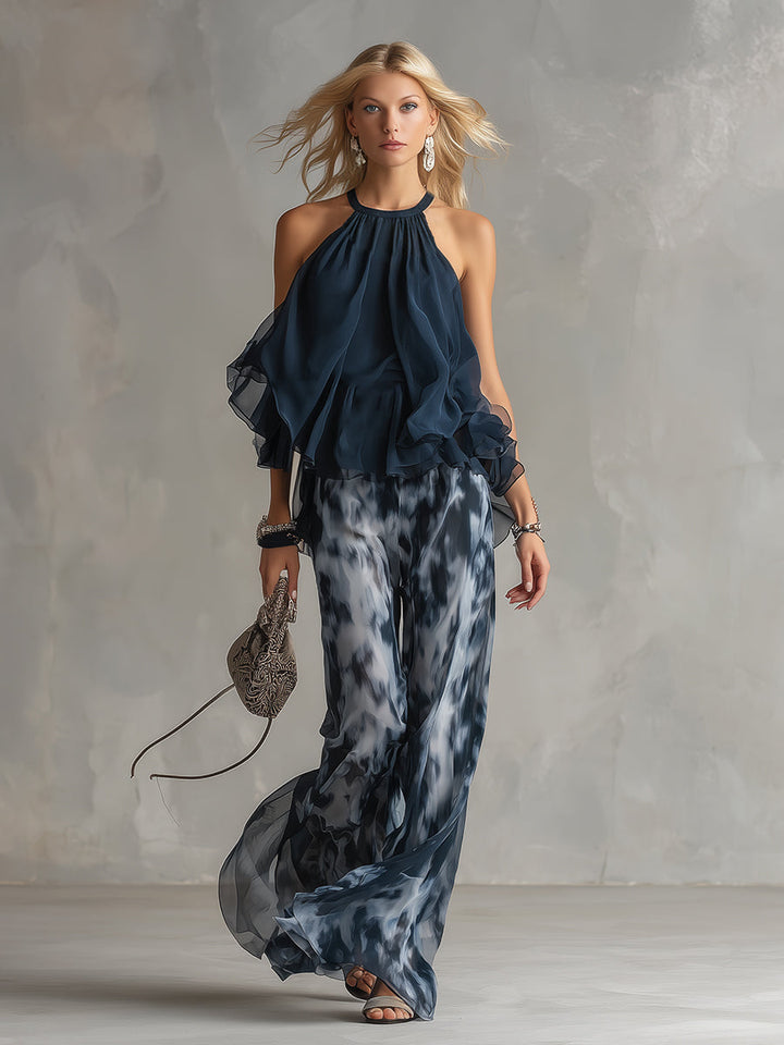 Rosamunda | Completo blusa halter blu navy con pantaloni stampati