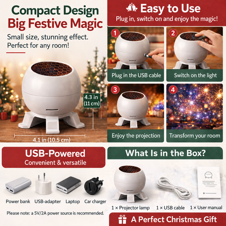 Compact projector dimensions, USB power, setup instructions and box contents