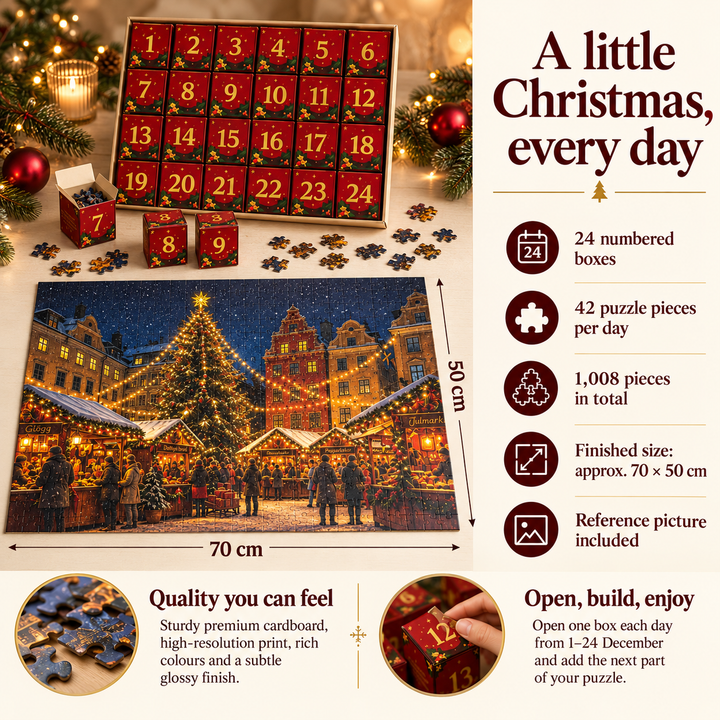 Puzzle specifications: 24 boxes, 1,008 pieces, approximately 70 by 50 cm and reference picture included