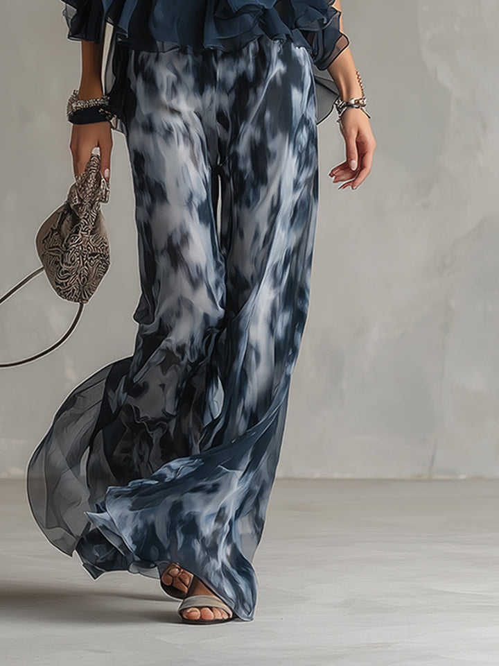 Rosamunda | Completo blusa halter blu navy con pantaloni stampati