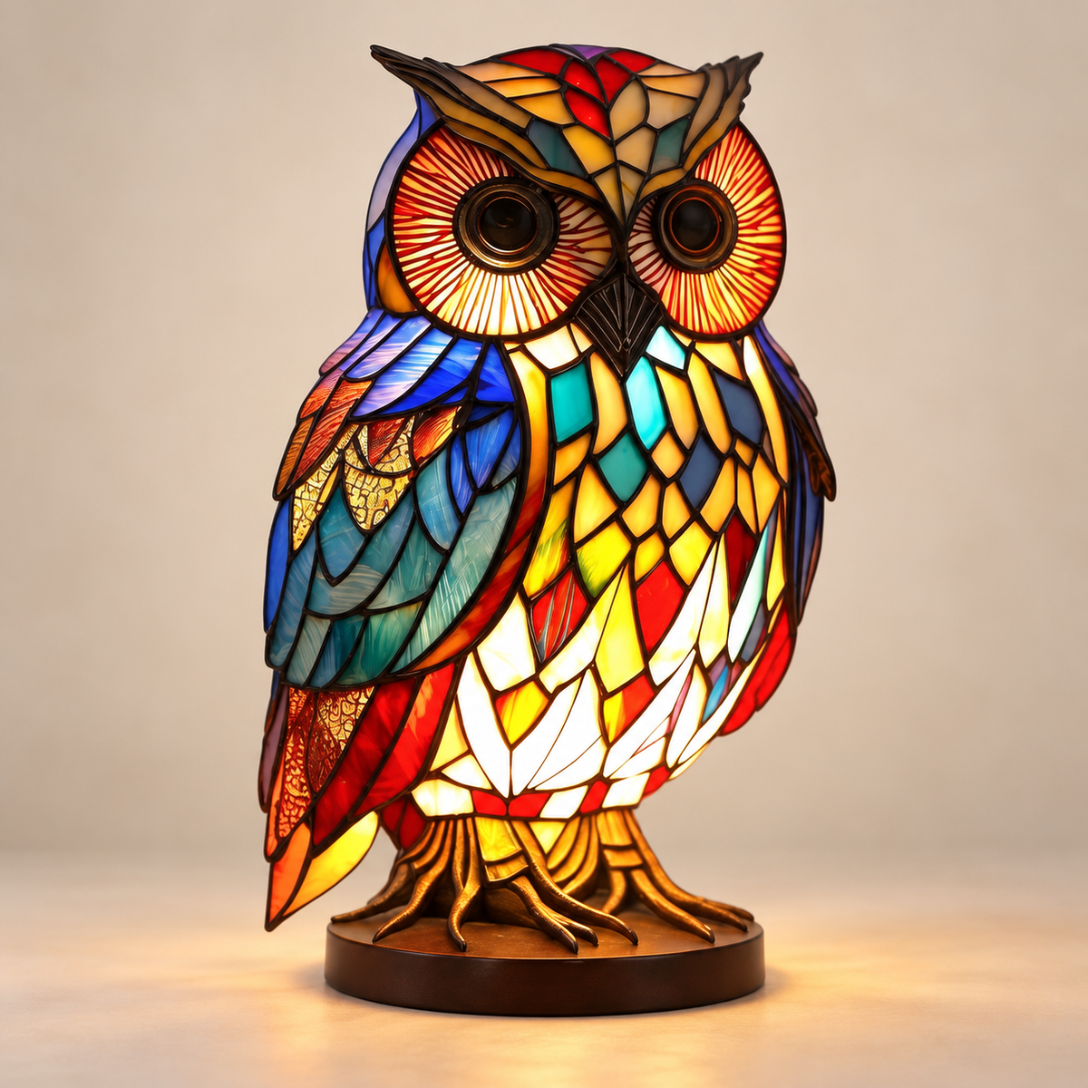 Elegant Owl mosaic-style lamp on a warm ivory background, angled view