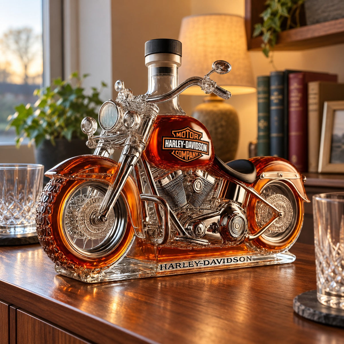 AI-generated lifestyle illustration of the Motorcycle Whisky Bottle: home bar